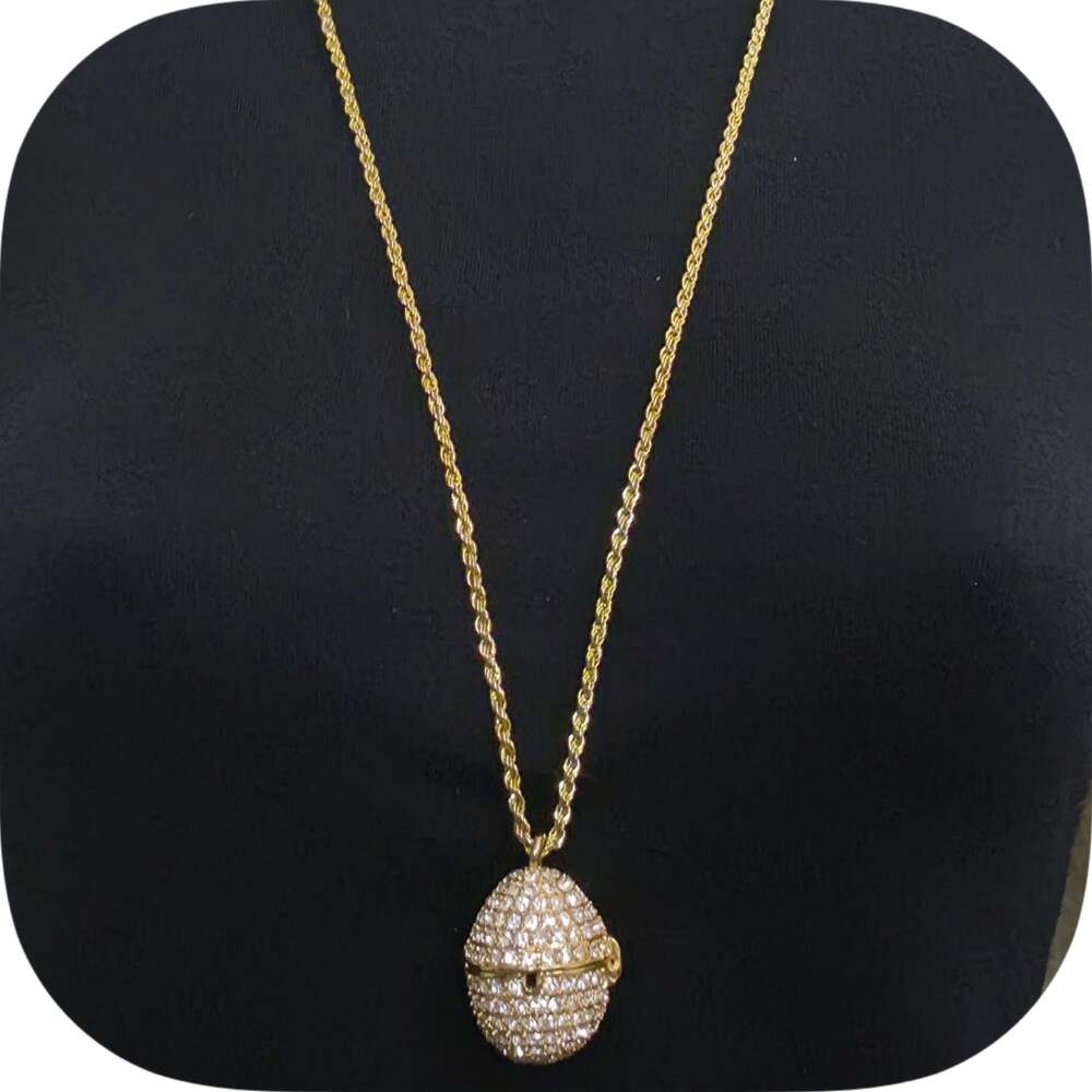 Vintage Gold Tone Rhinestone Pavé Openable Egg Locket Pendant Necklace